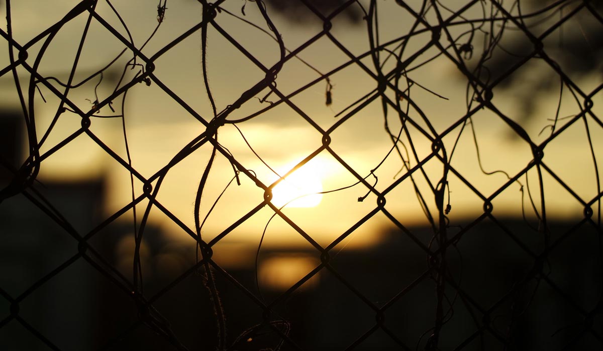 sunset through chain link fence