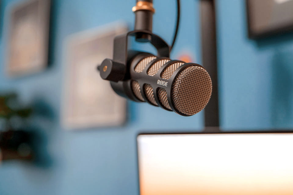 An image of a microphone set up for a podcast