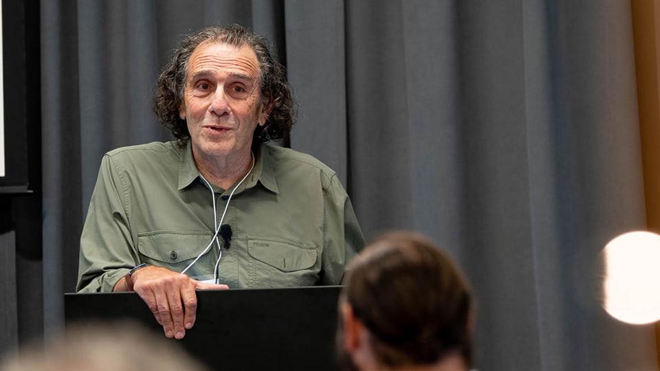 The Impact of Trauma: Video Teaching, Dr. Dan Allender stands at a podium speaking to an audience, wearing a green shirt and a microphone headset, with a curtain backdrop behind him.